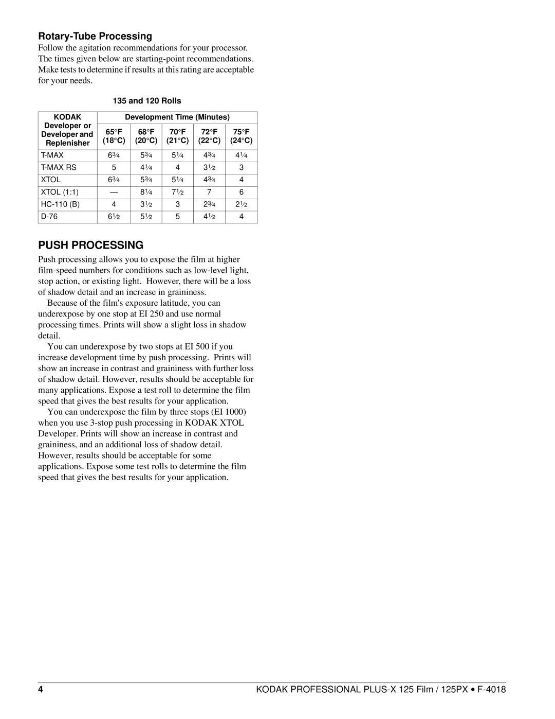 Kodak 125 FILM, 125PX manual Push Processing, Rotary-Tube Processing, Rolls 