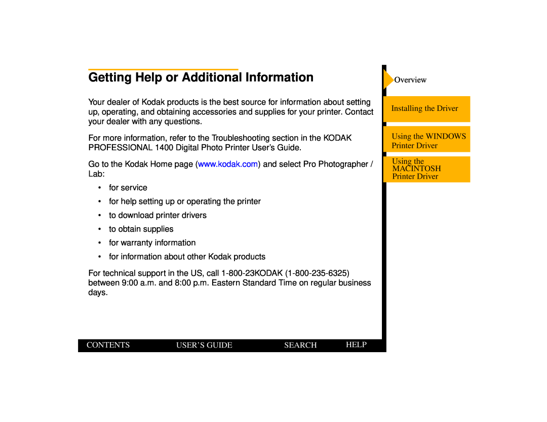 Kodak 1400 manual Getting Help or Additional Information, Contents, User’S Guide, Search 
