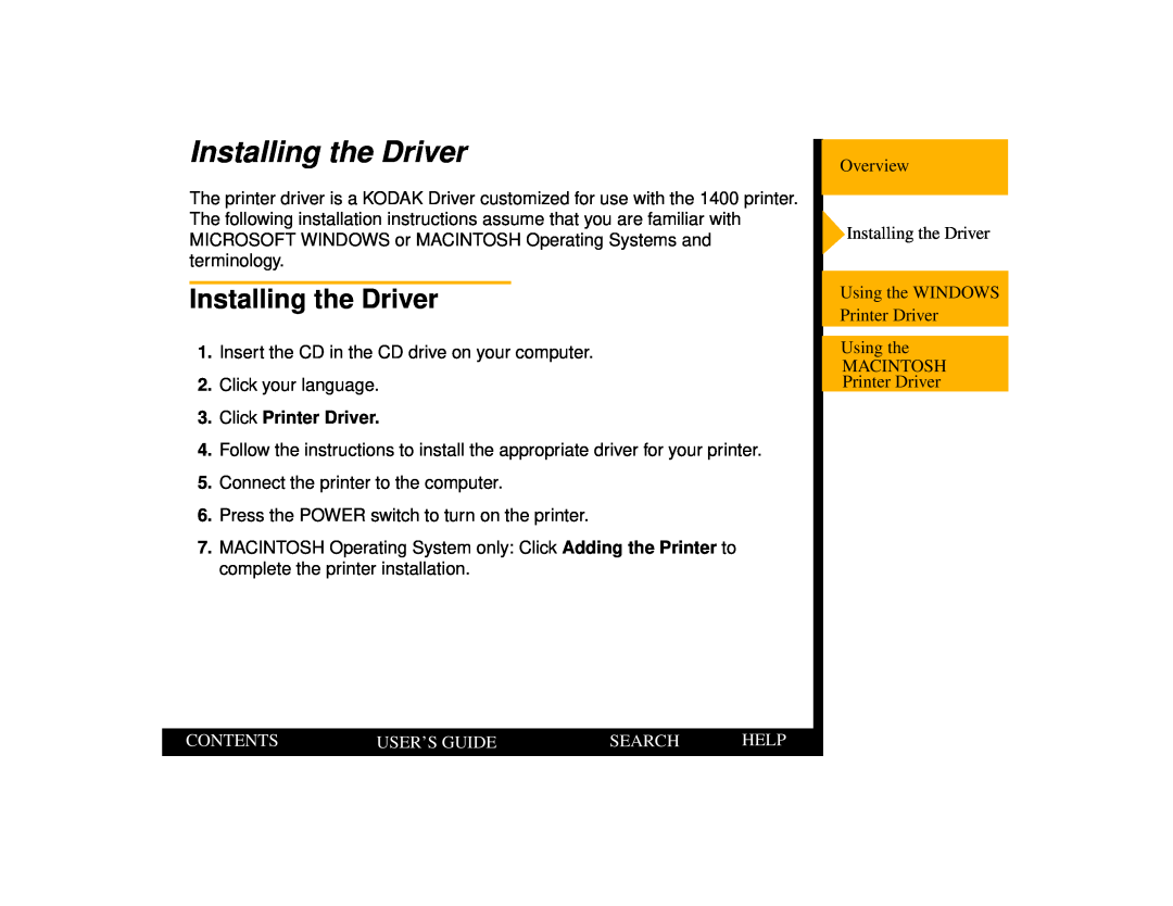 Kodak 1400 manual Installing the Driver, Click Printer Driver, Contents, User’S Guide, Search, Help 