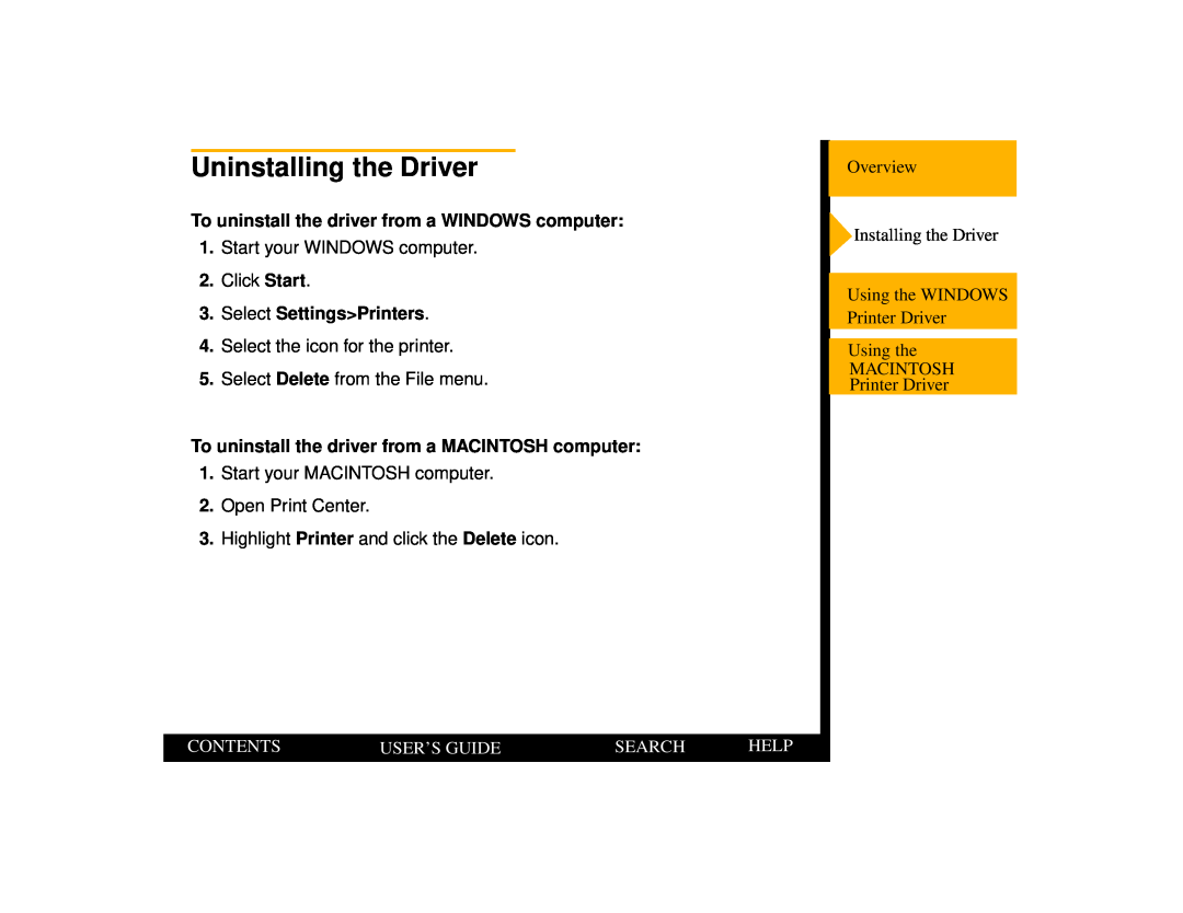Kodak 1400 Uninstalling the Driver, To uninstall the driver from a WINDOWS computer, Select Settings Printers, Contents 