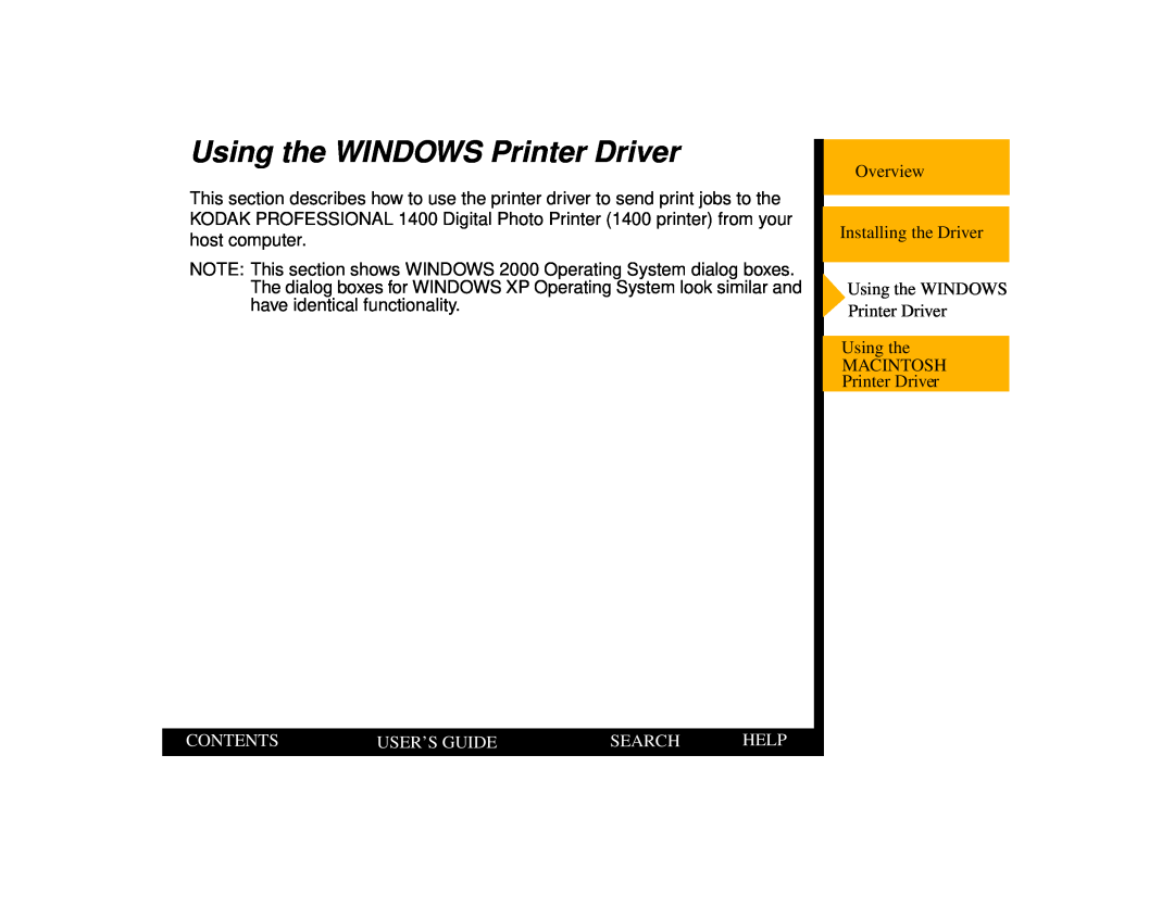 Kodak 1400 manual Using the WINDOWS Printer Driver, Contents, User’S Guide, Search, Help 