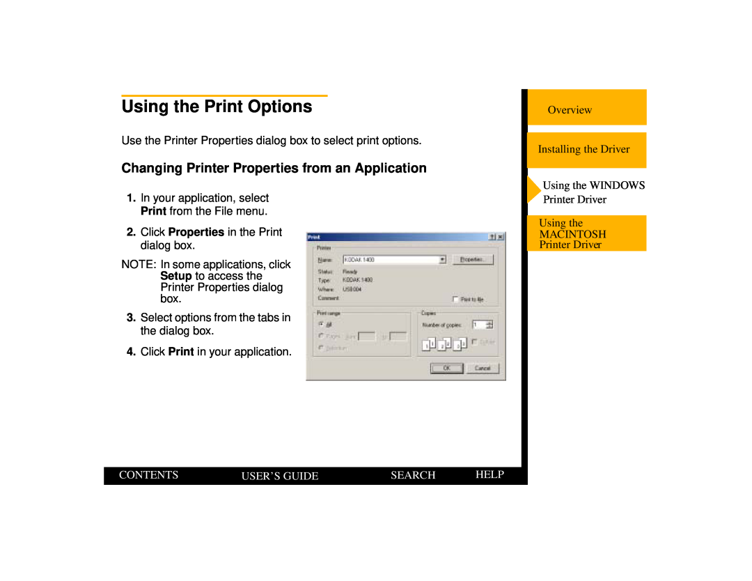 Kodak 1400 Using the Print Options, Changing Printer Properties from an Application, Contents, User’S Guide, Search, Help 