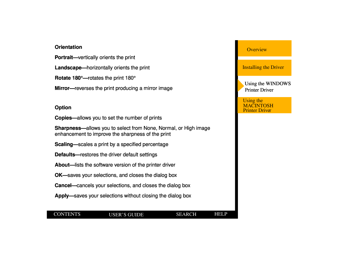 Kodak 1400 manual Orientation, Option, Contents, User’S Guide, Search, Help 