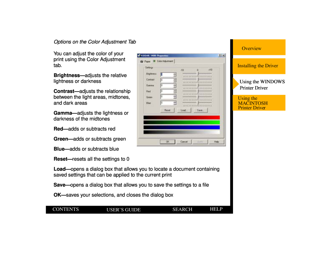 Kodak 1400 manual Options on the Color Adjustment Tab, Contents, User’S Guide, Search, Help 