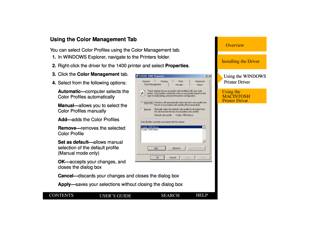 Kodak 1400 manual Using the Color Management Tab, Click the Color Management tab, Contents, User’S Guide, Search, Help 