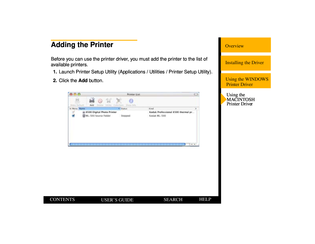 Kodak 1400 manual Adding the Printer, Contents, User’S Guide, Search, Help 