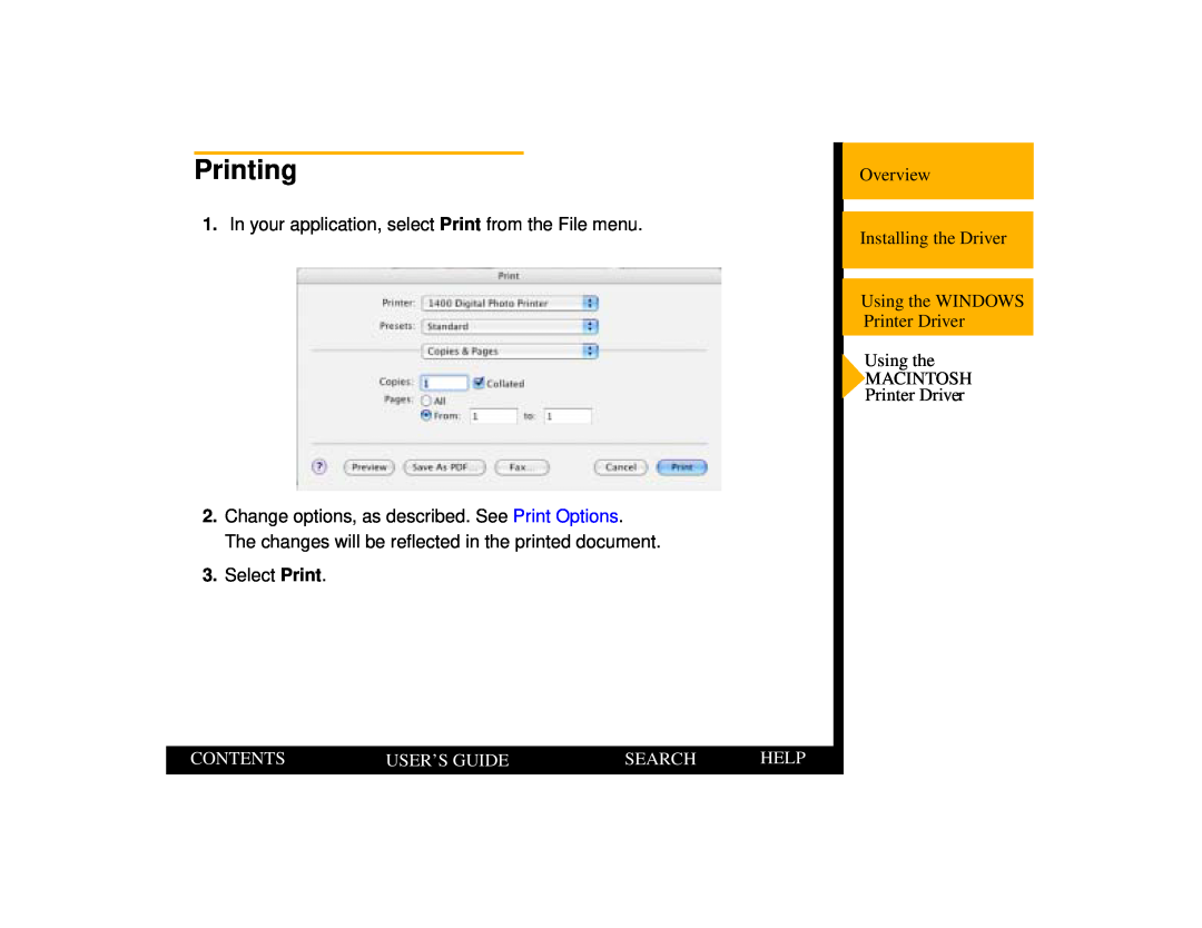 Kodak 1400 manual Printing, Contents, User’S Guide, Search, Help 