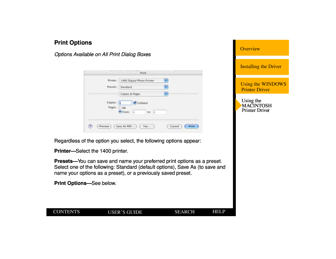 Kodak 1400 Options Available on All Print Dialog Boxes, Print Options-Seebelow, Contents, User’S Guide, Search, Help 