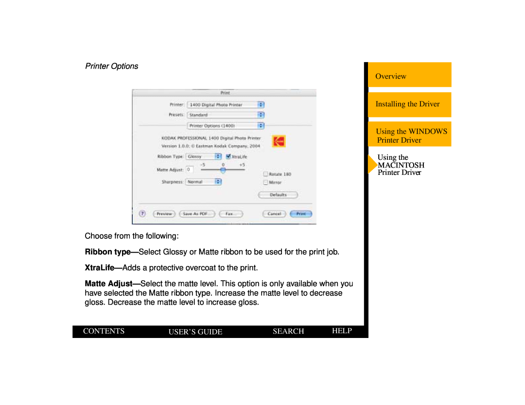 Kodak 1400 manual Printer Options, Contents, User’S Guide, Search, Help 