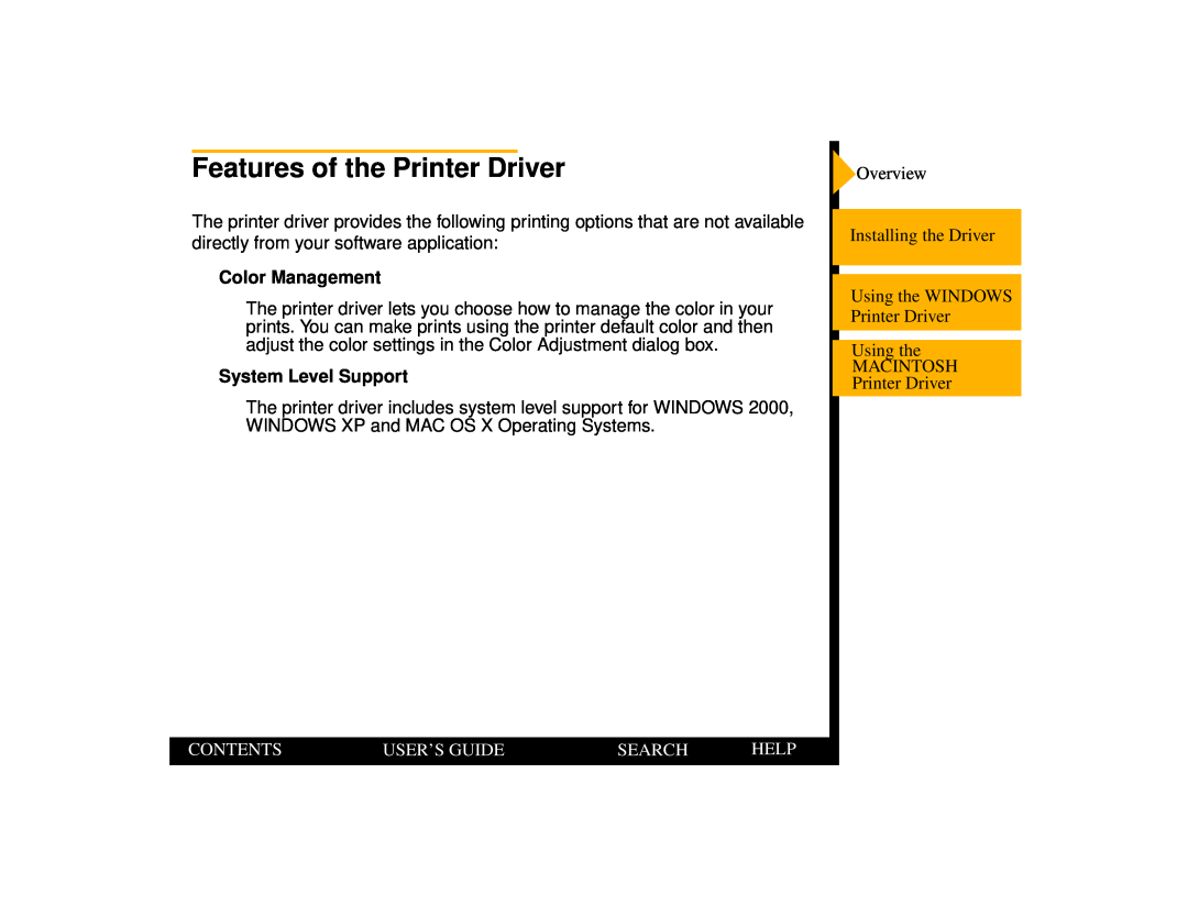 Kodak 1400 Features of the Printer Driver, Color Management, System Level Support, Contents, User’S Guide, Search, Help 