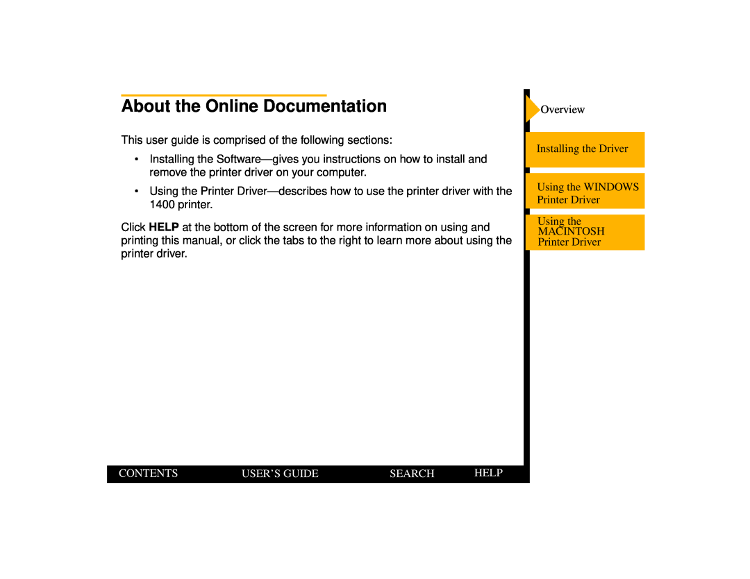 Kodak 1400 manual About the Online Documentation, Contents, User’S Guide, Search, Help 