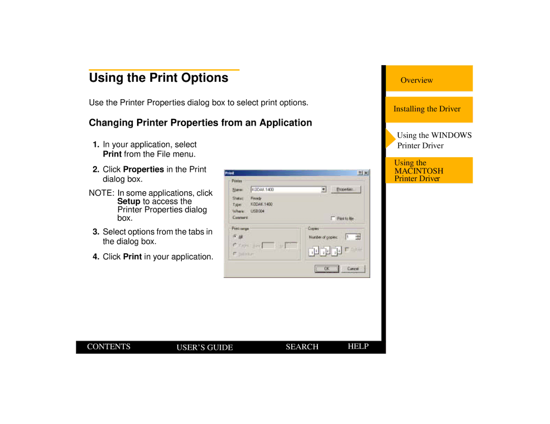 Kodak 1400 manual Using the Print Options, Changing Printer Properties from an Application 