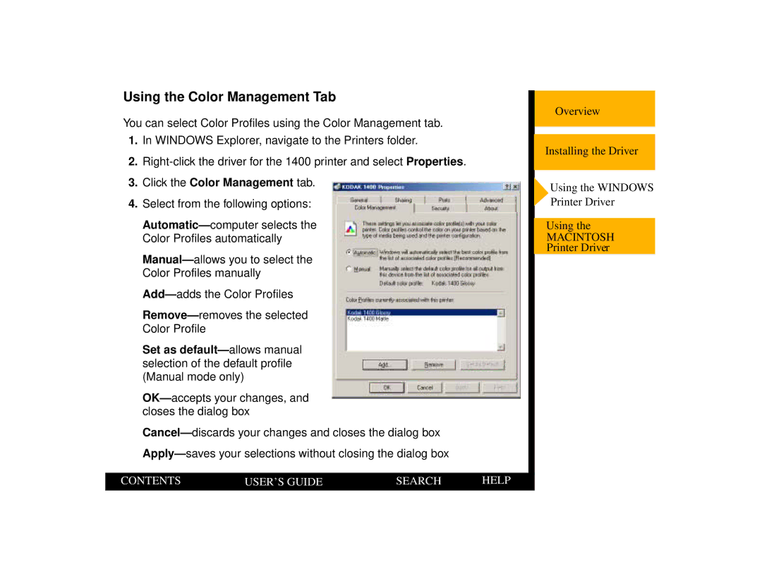 Kodak 1400 manual Using the Color Management Tab, Click the Color Management tab 