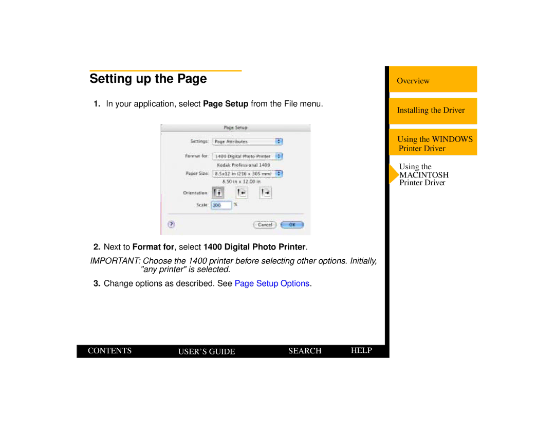 Kodak 1400 manual Setting up, Your application, select Page Setup from the File menu 