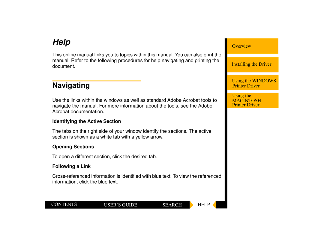 Kodak 1400 manual Help, Navigating, Identifying the Active Section, Opening Sections, Following a Link 