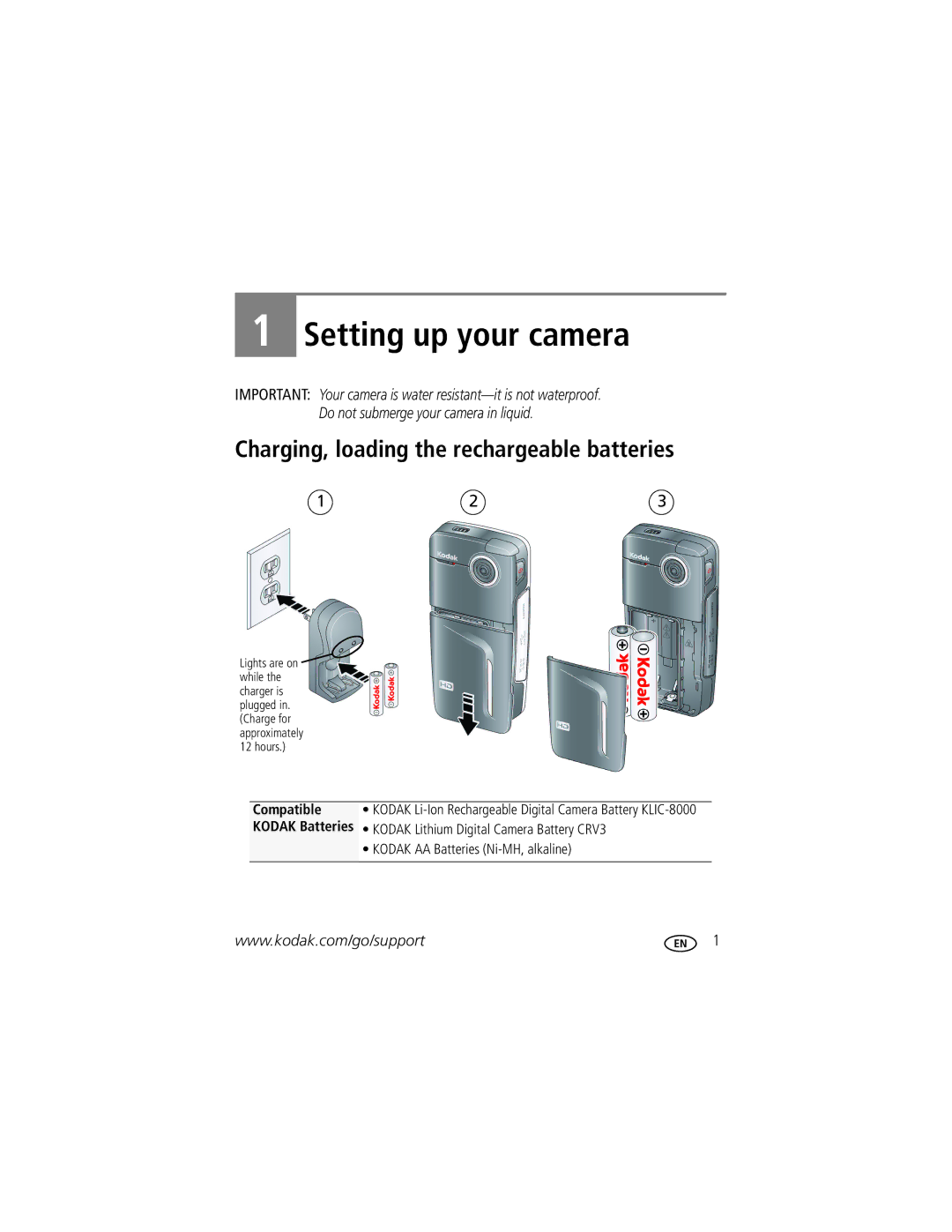 Kodak 1455013 manual Setting up your camera, Charging, loading the rechargeable batteries 