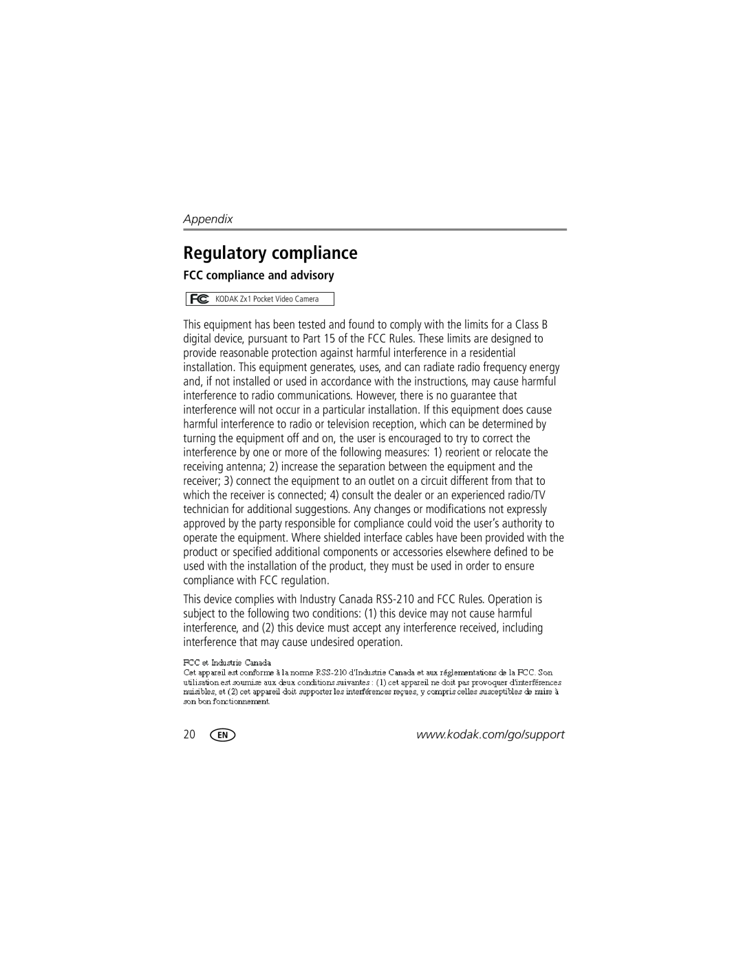 Kodak 1455013 manual Regulatory compliance, FCC compliance and advisory, Appendix 