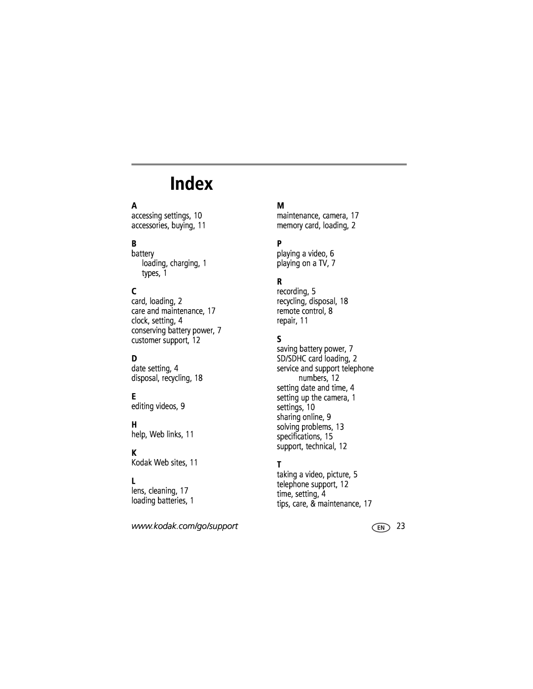 Kodak 1455013 manual Index 