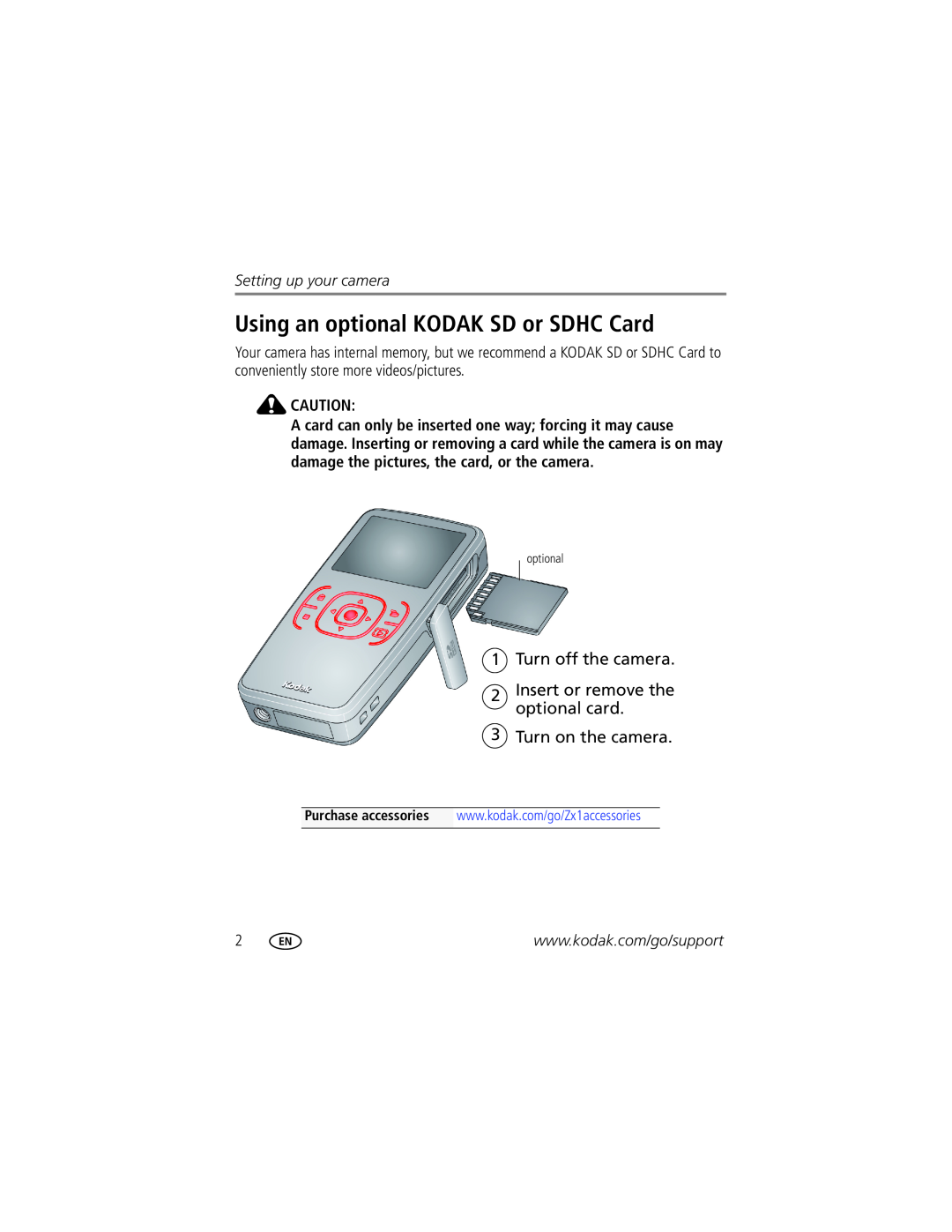 Kodak 1455013 manual Using an optional KODAK SD or SDHC Card, Turn off the camera, Insert or remove the, optional card 