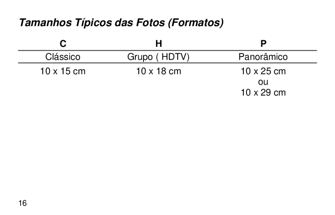 Kodak 1600 Auto manual Tamanhos Típicos das Fotos Formatos 