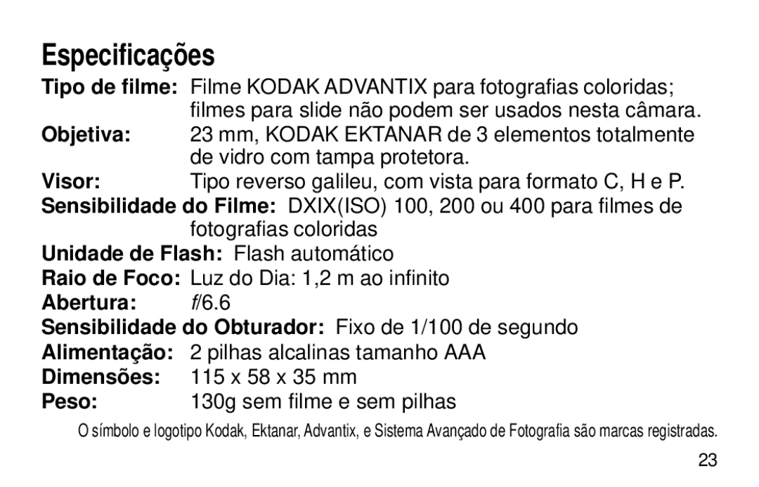 Kodak 1600 Auto manual Especificações, Unidade de Flash Flash automático 