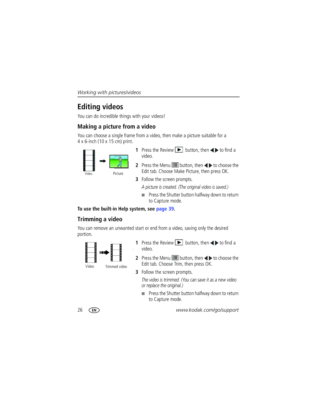 Kodak 1687060, C195 manual Editing videos, Making a picture from a video, Trimming a video 