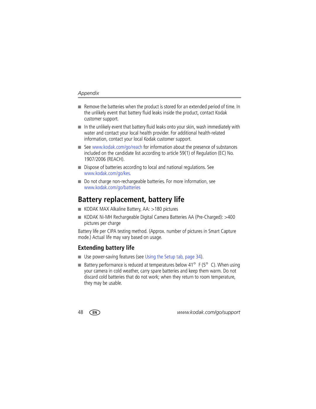 Kodak 1687060 Battery replacement, battery life, Extending battery life, Use power-saving features see Using the Setup tab 