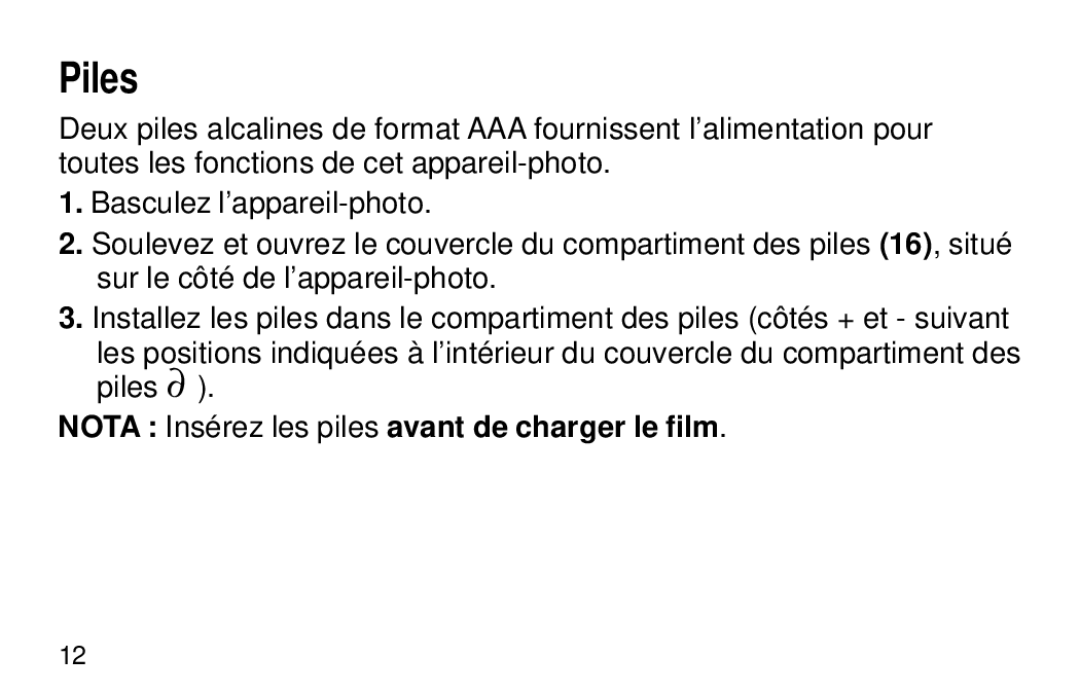 Kodak 1700AUTO, 1600AUTO manual Piles, Nota Insérez les piles avant de charger le film 