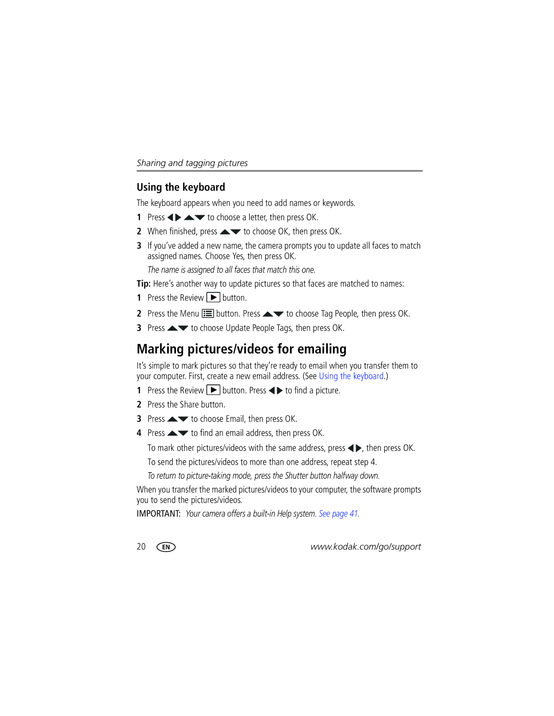 Kodak 1772789 Marking pictures/videos for emailing, Using the keyboard, Press to choose Update People Tags, then press OK 