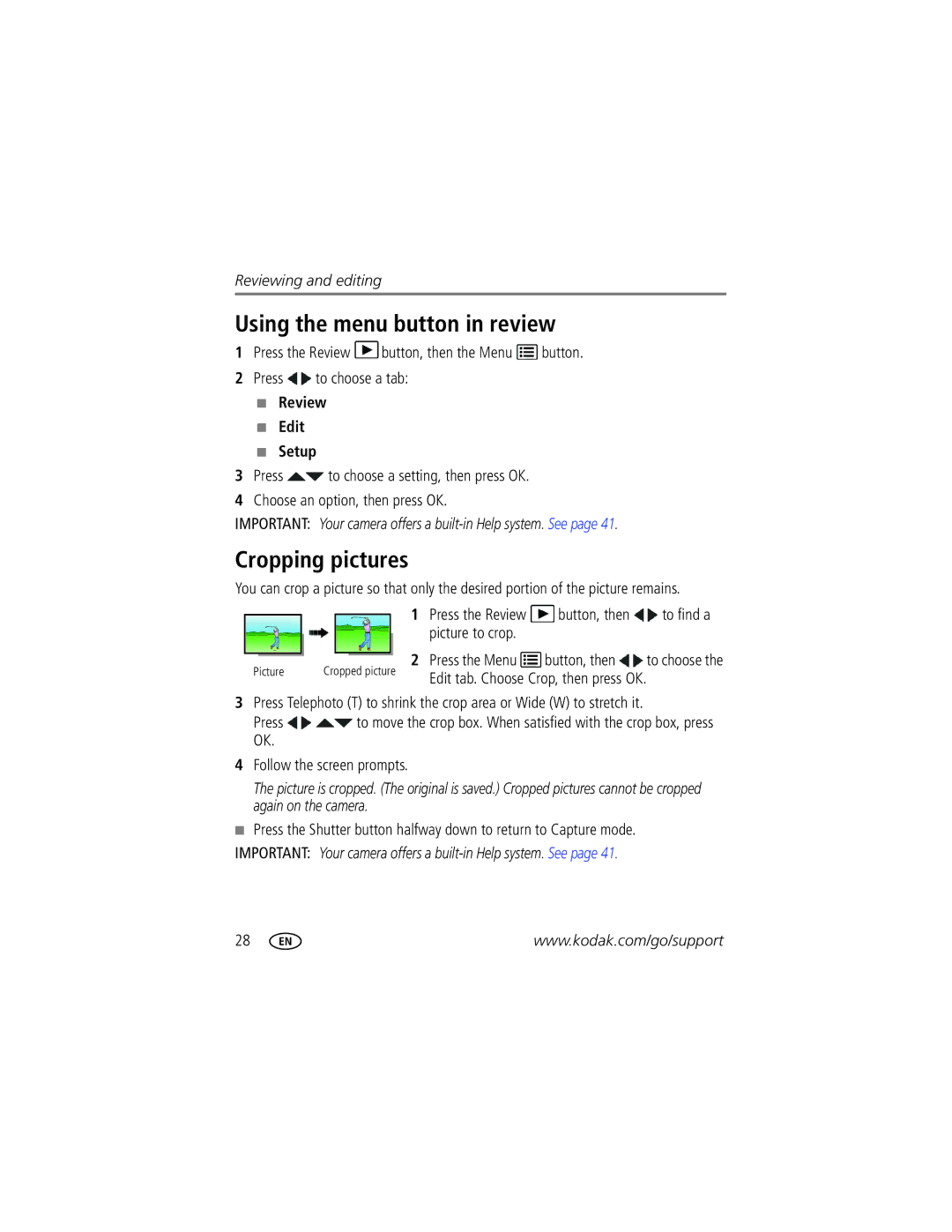 Kodak 1772789 manual Using the menu button in review, Cropping pictures, Review Edit Setup 
