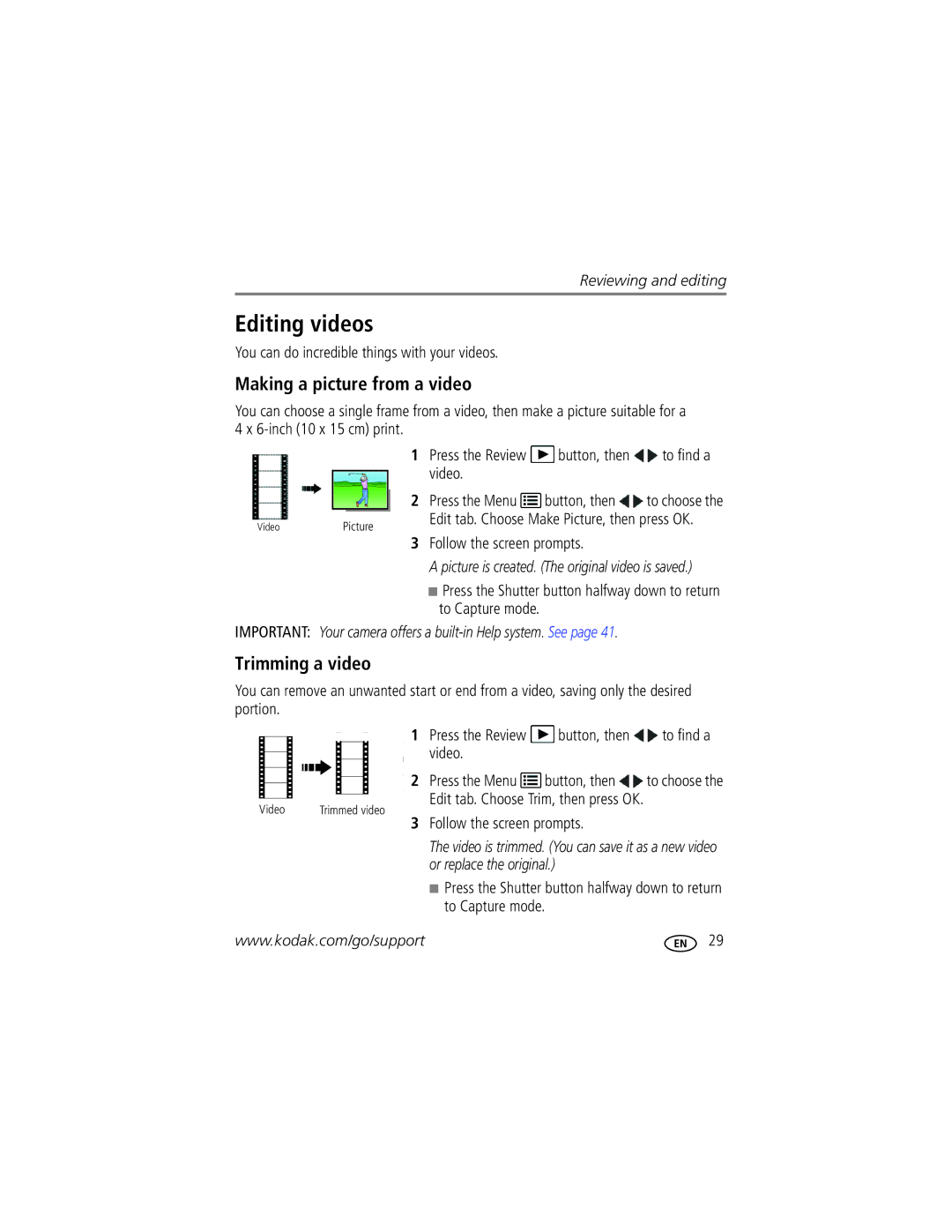 Kodak 1772789 manual Editing videos, Making a picture from a video, Trimming a video 