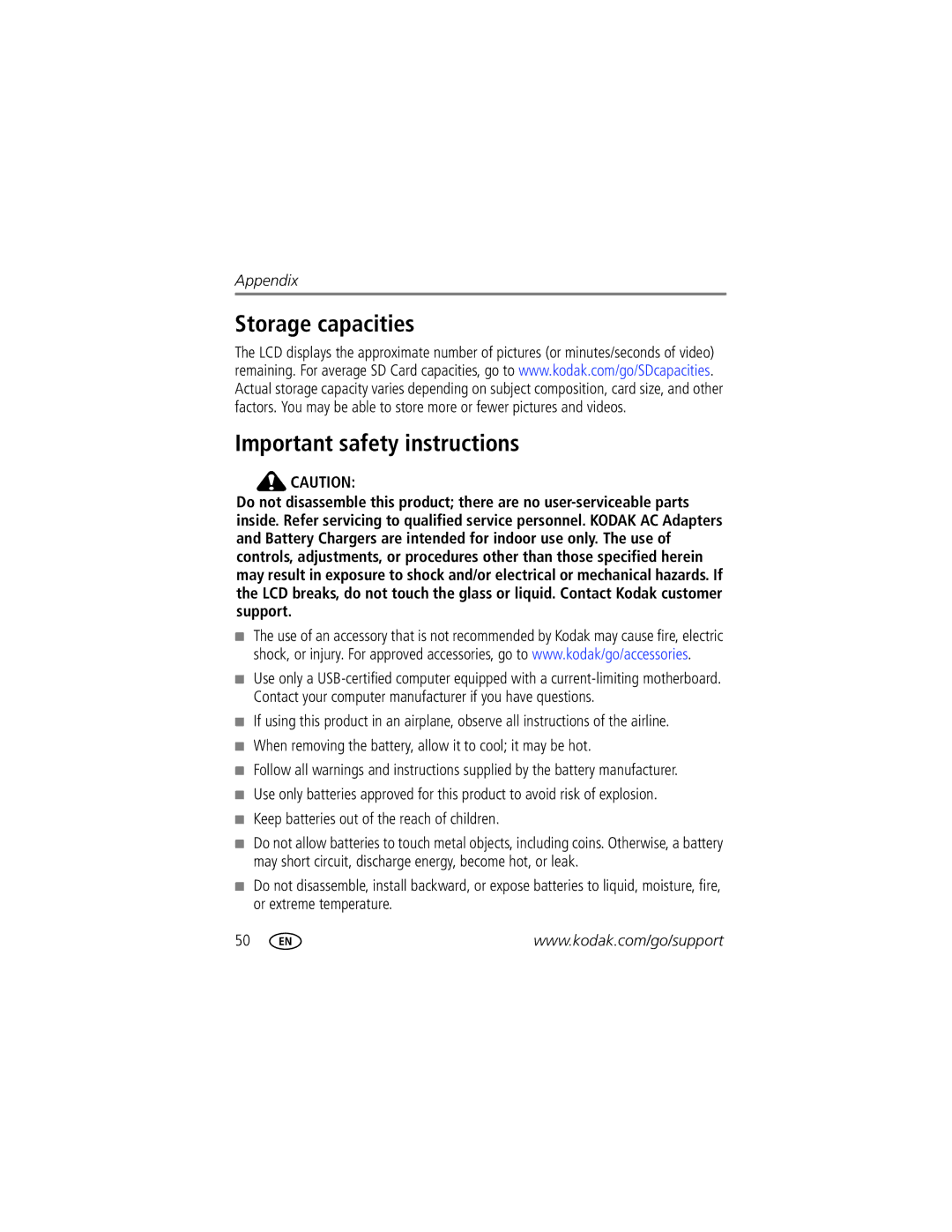 Kodak 1772789 Storage capacities Important safety instructions, When removing the battery, allow it to cool it may be hot 