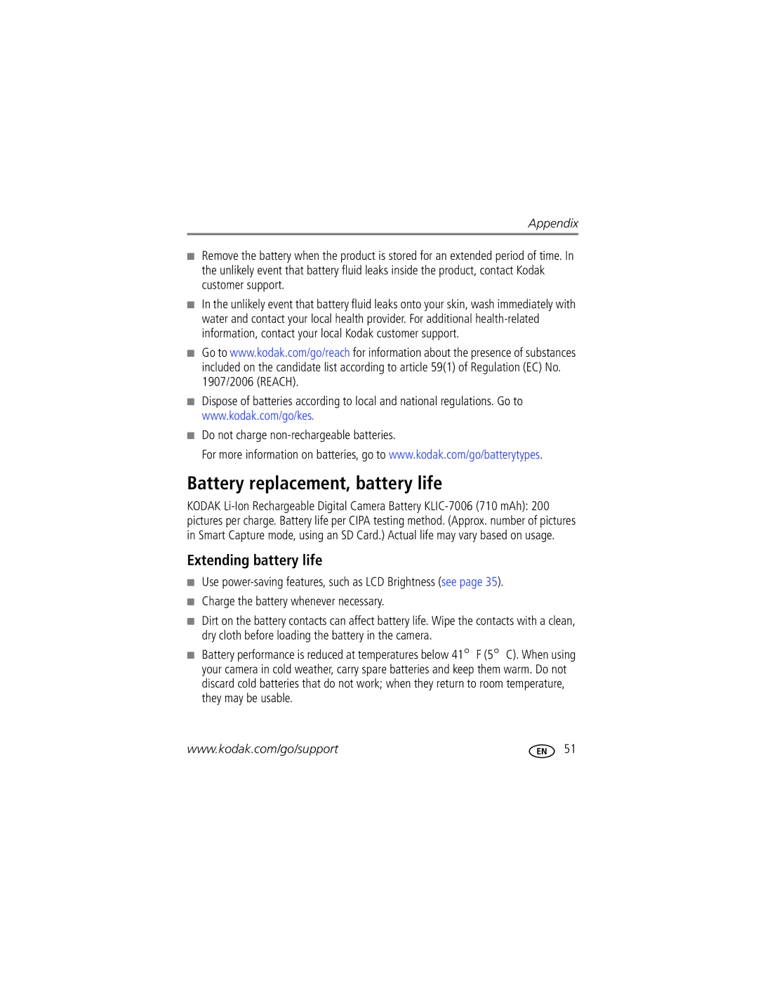 Kodak 1772789 manual Battery replacement, battery life, Extending battery life, Do not charge non-rechargeable batteries 