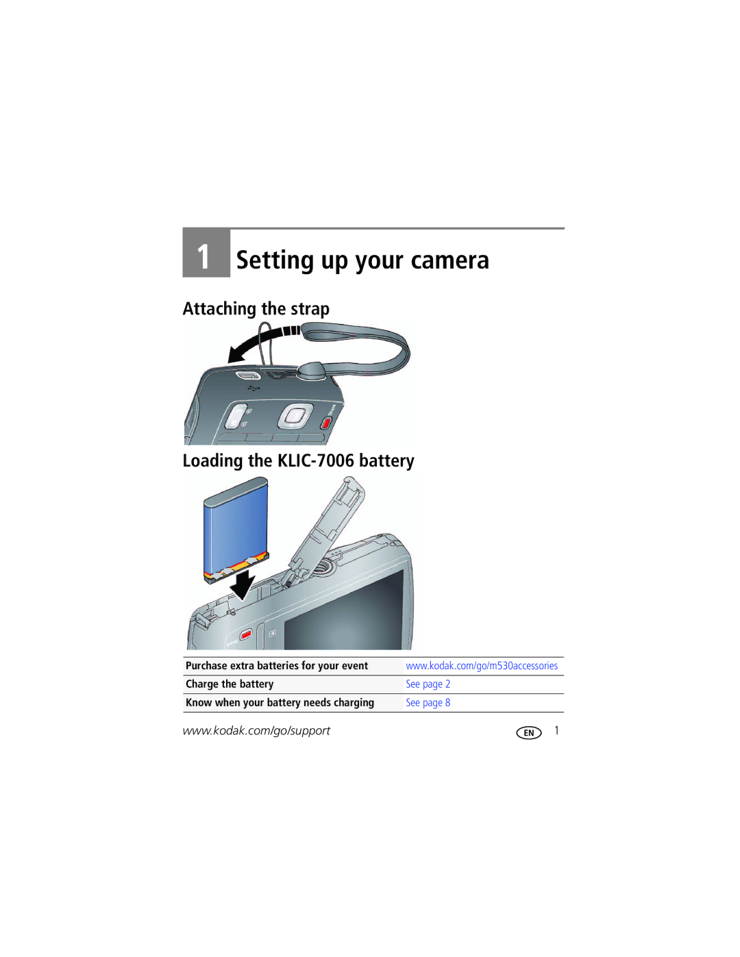 Kodak 1772789 manual Setting up your camera, Attaching the strap Loading the KLIC-7006 battery 