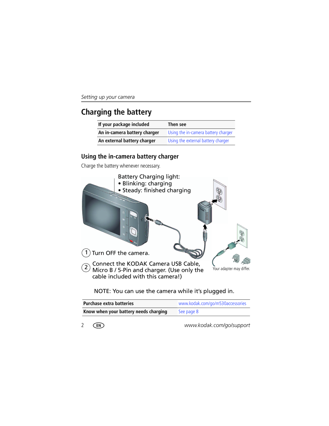 Kodak 1772789 manual Charging the battery, Using the in-camera battery charger 