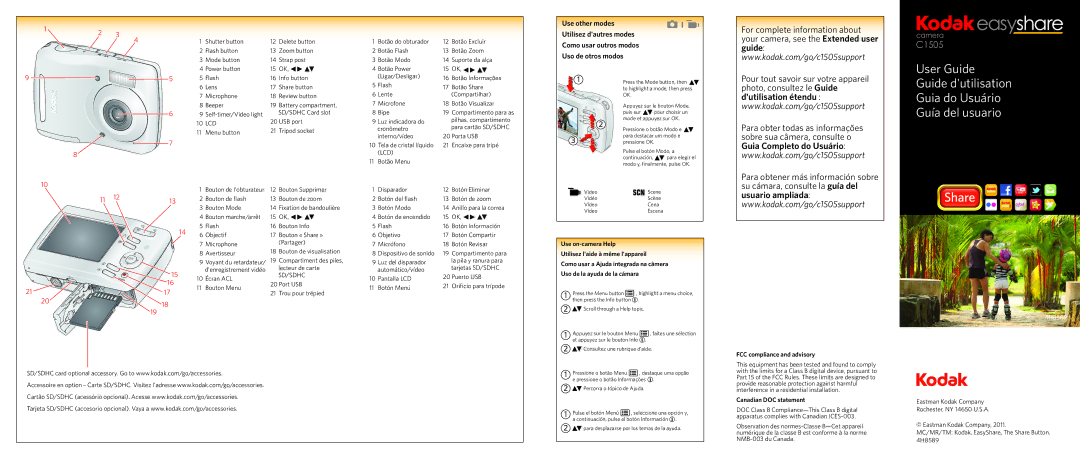 Kodak 1806736 manual Lcd, Sd/Sdhc, Use on-camera Help Utilisez laide à même lappareil, FCC compliance and advisory 