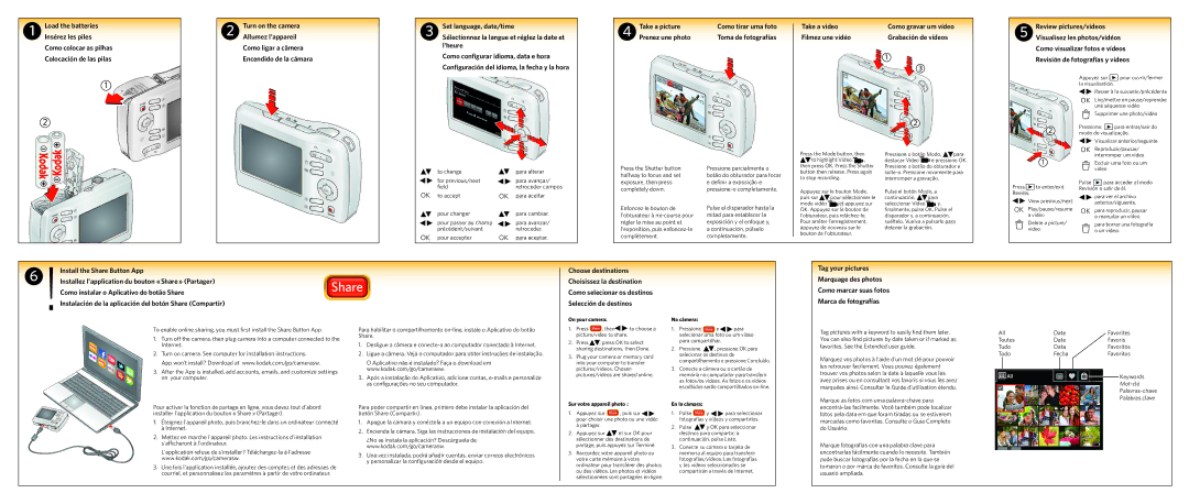 Kodak 1806736 Turn on the camera, Allumez lappareil, Como ligar a câmera, Set language, date/time, Lheure, Take a picture 