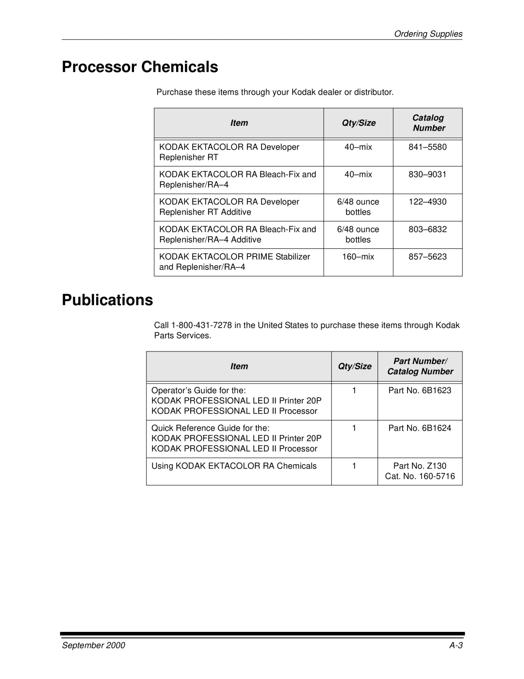 Kodak 20P manual Processor Chemicals, Publications, Qty/Size Part Number Catalog Number 