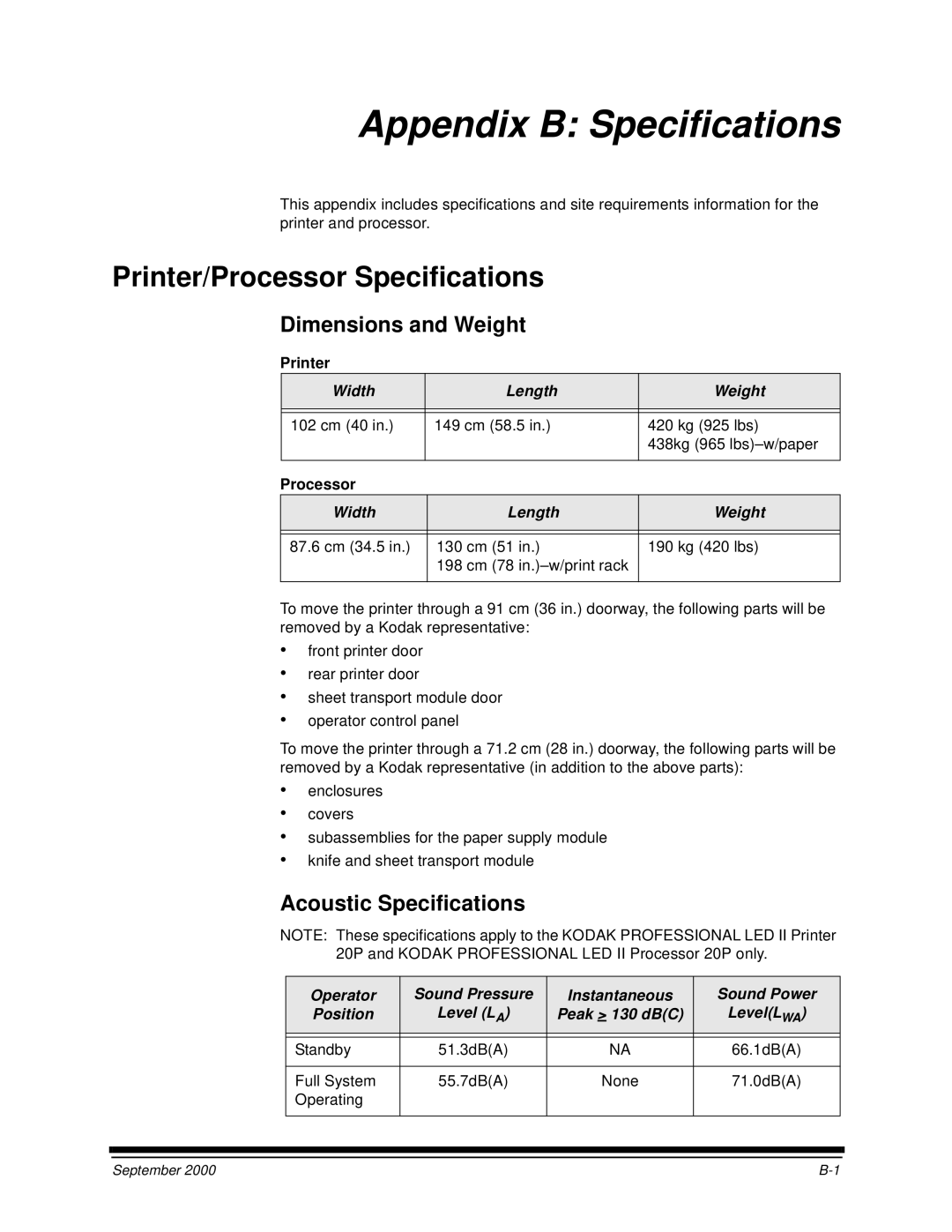 Kodak 20P manual Printer/Processor Specifications, Dimensions and Weight, Acoustic Specifications, Width Length Weight 