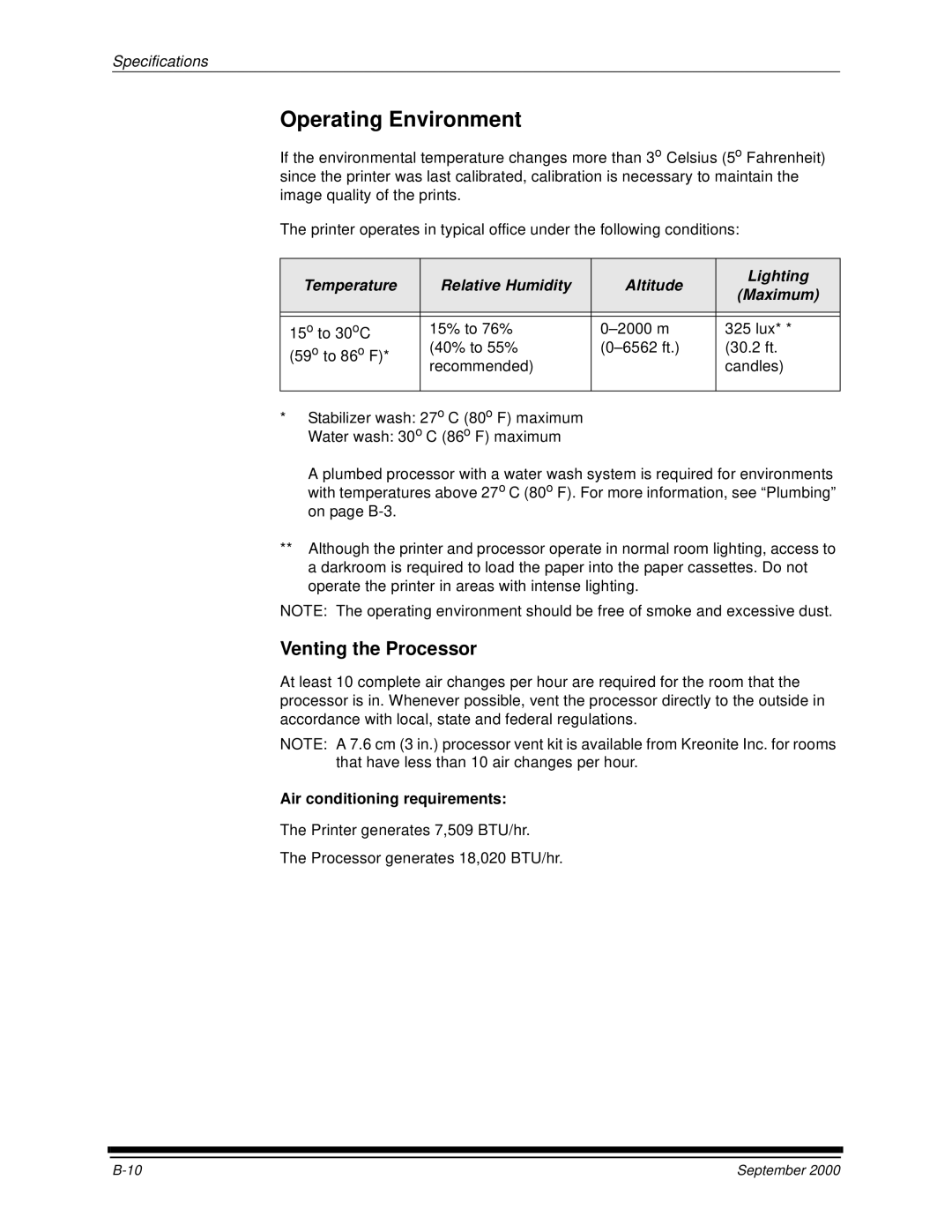 Kodak 20P manual Operating Environment, Venting the Processor, Temperature Relative Humidity Altitude Lighting Maximum 