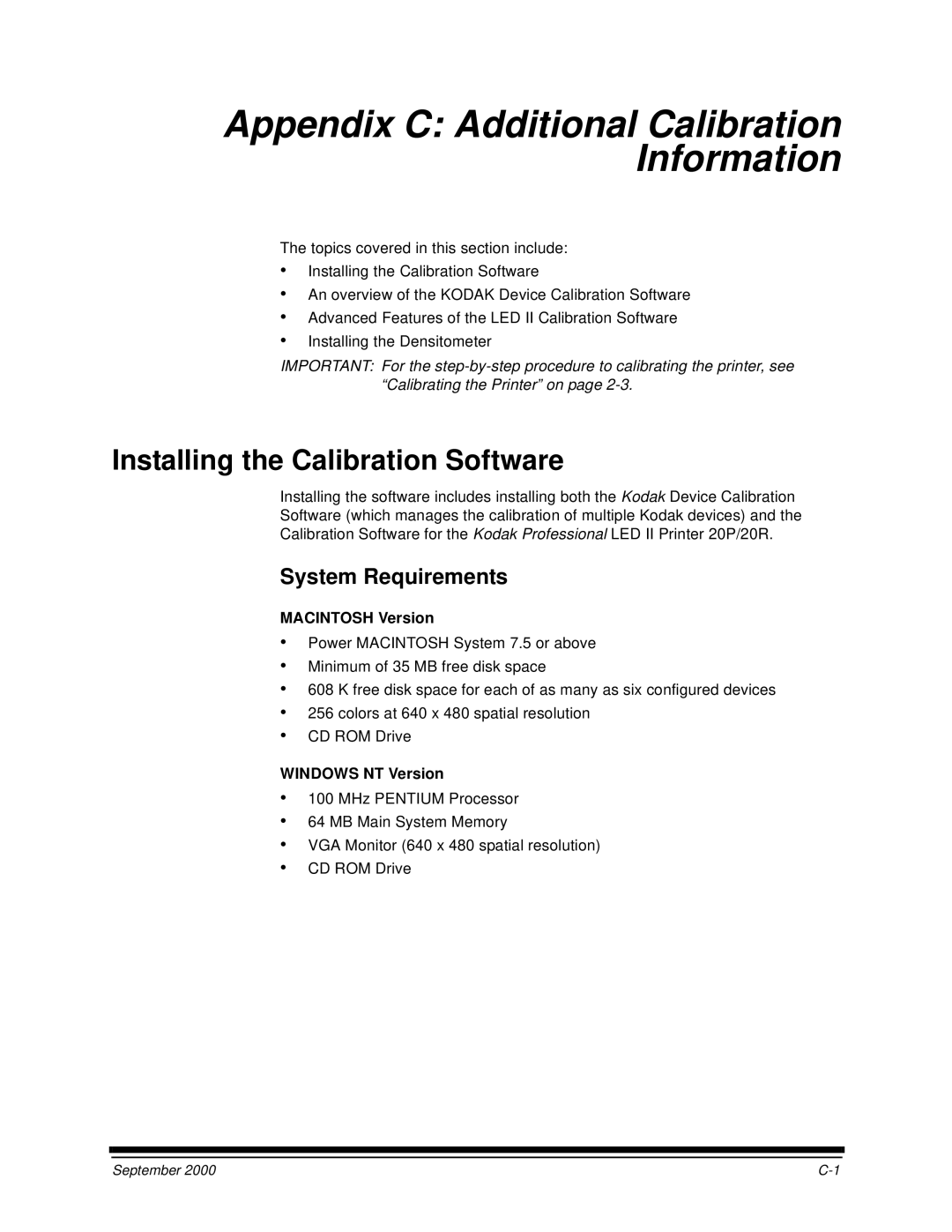 Kodak 20P manual Installing the Calibration Software, System Requirements, Macintosh Version, Windows NT Version 