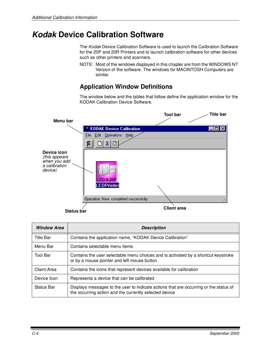 Kodak 20P manual Kodak Device Calibration Software, Application Window Definitions, Window Area Description 