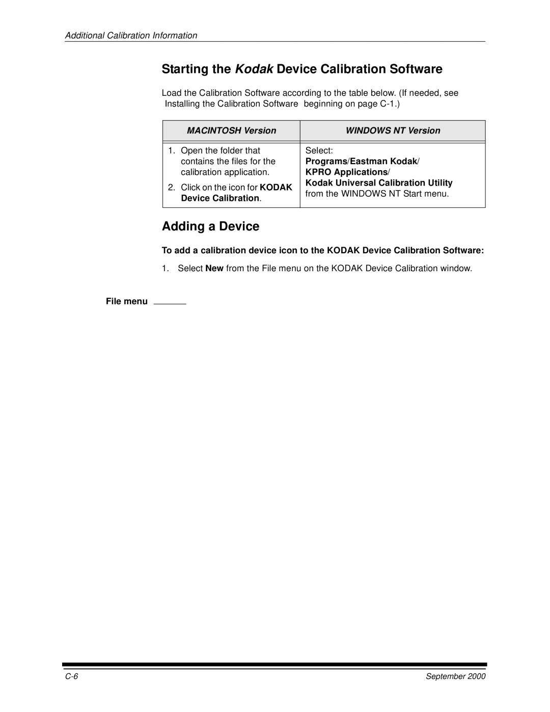 Kodak 20P manual Starting the Kodak Device Calibration Software, Adding a Device, Macintosh Version Windows NT Version 