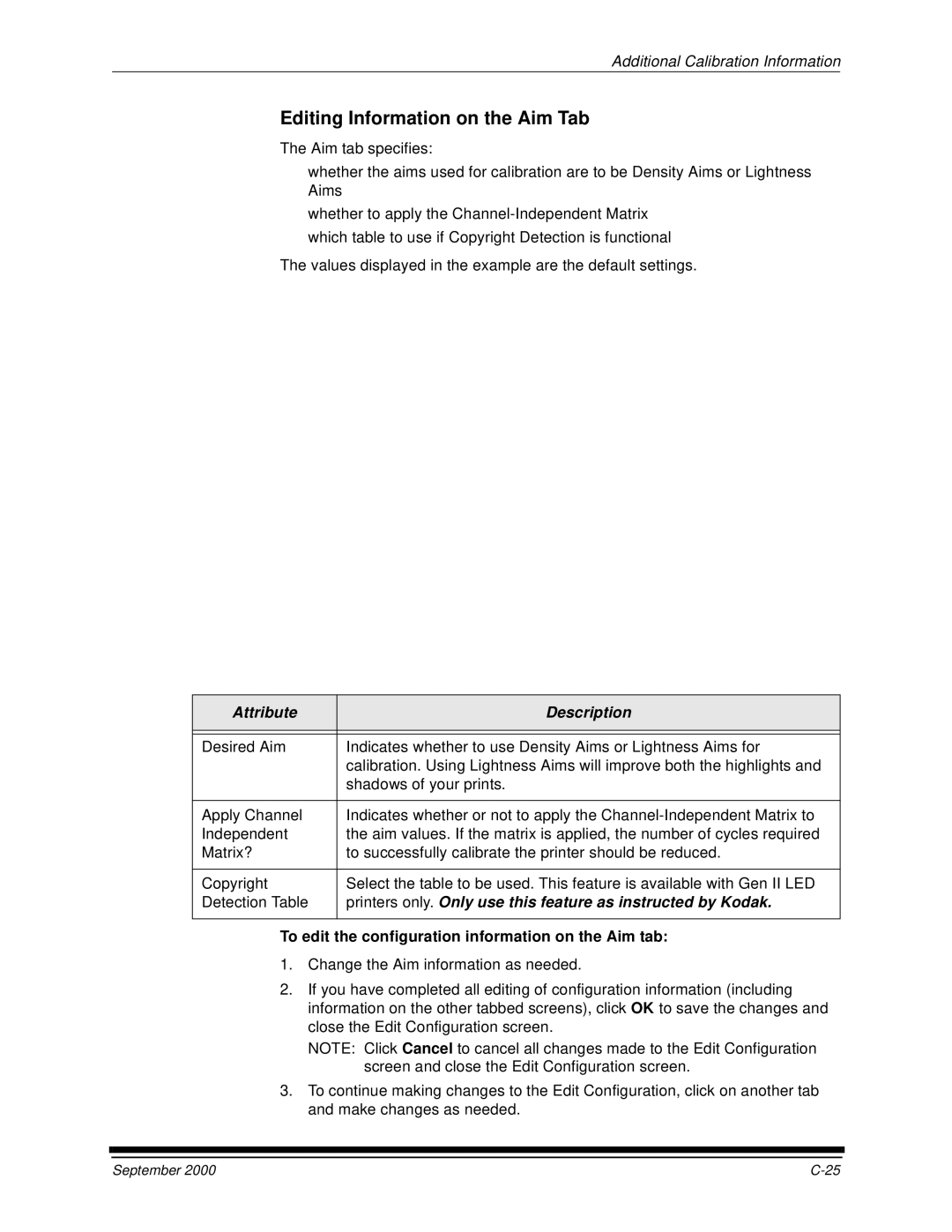 Kodak 20P Editing Information on the Aim Tab, Attribute Description, To edit the configuration information on the Aim tab 