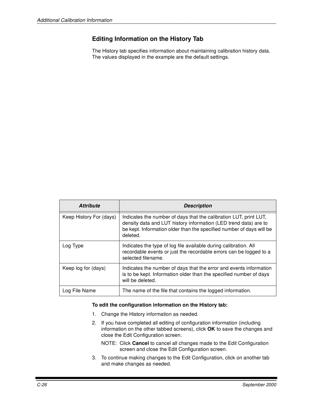 Kodak 20P manual Editing Information on the History Tab, To edit the configuration information on the History tab 