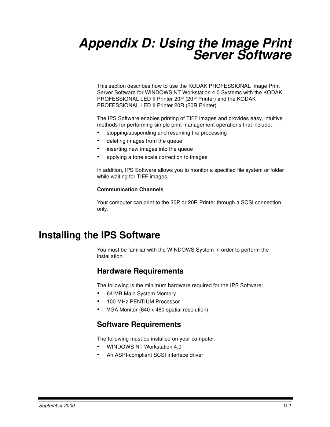 Kodak 20P manual Installing the IPS Software, Hardware Requirements, Software Requirements, Communication Channels 