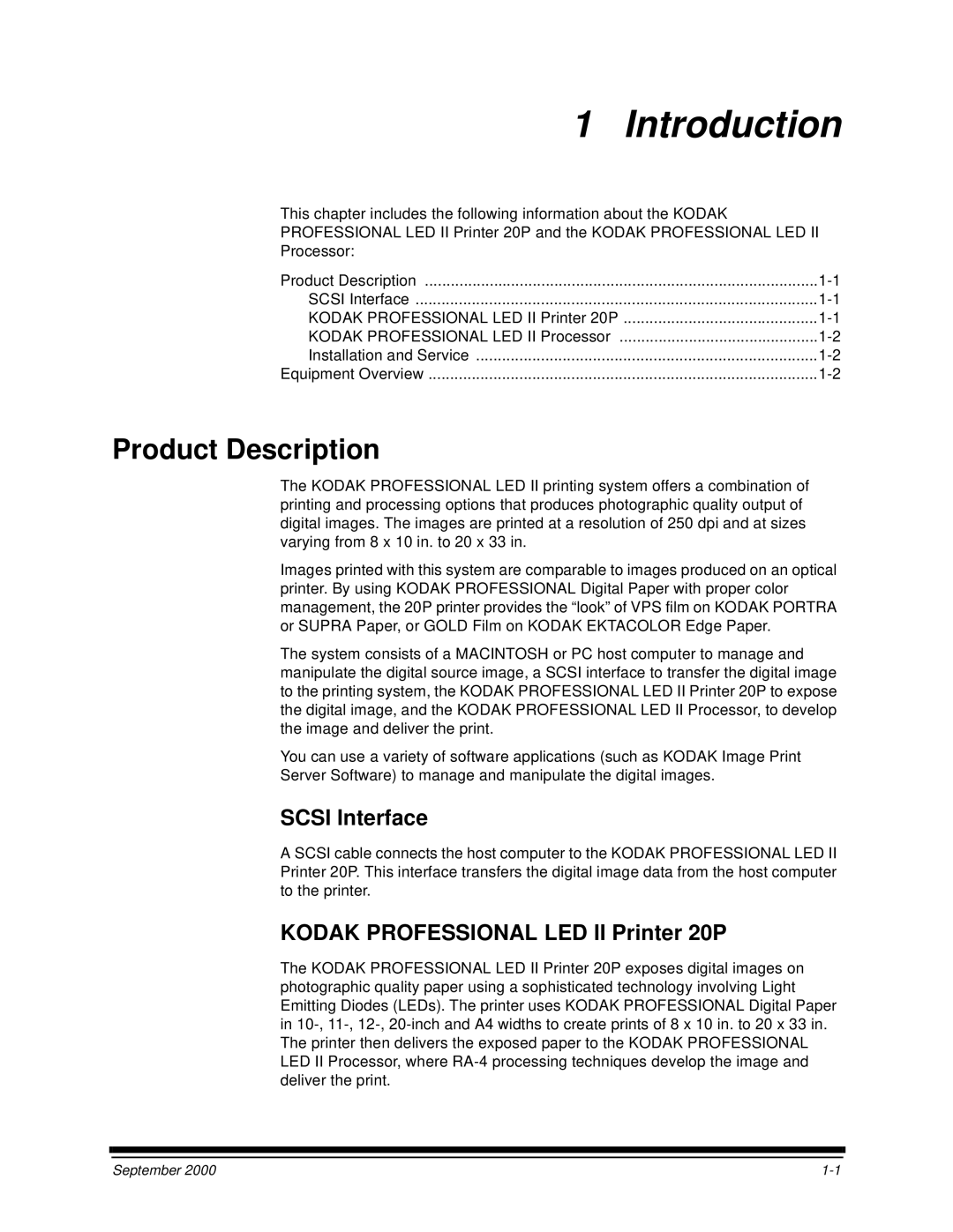 Kodak manual Product Description, Scsi Interface, Kodak Professional LED II Printer 20P 