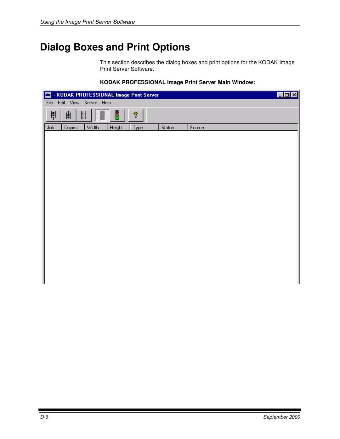 Kodak 20P manual Dialog Boxes and Print Options, Kodak Professional Image Print Server Main Window 