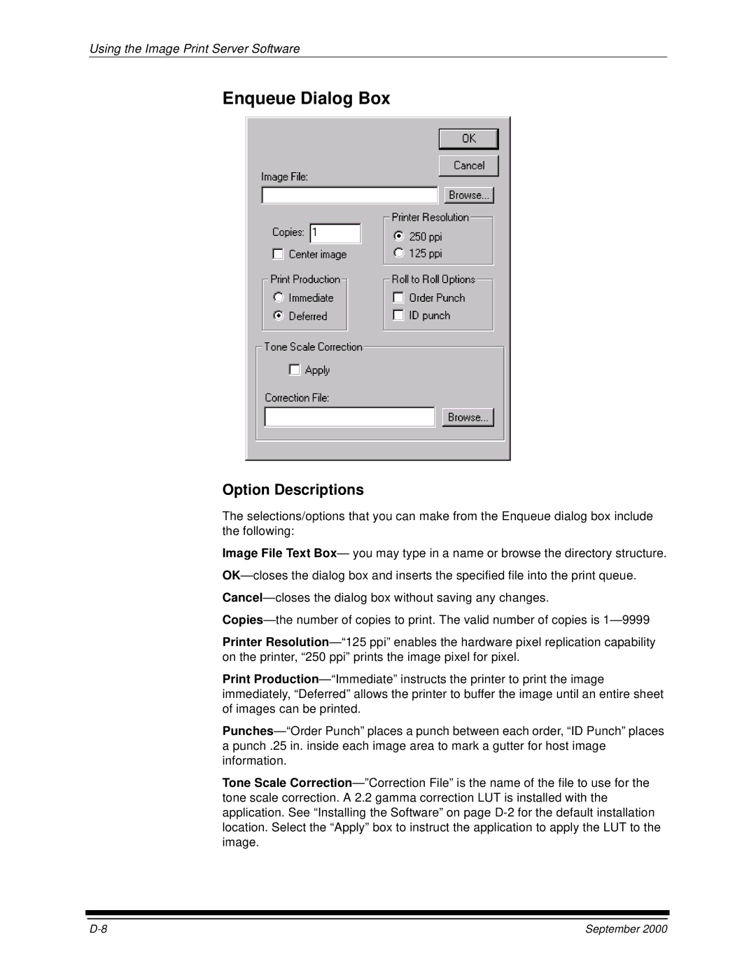 Kodak 20P manual Enqueue Dialog Box, Option Descriptions 