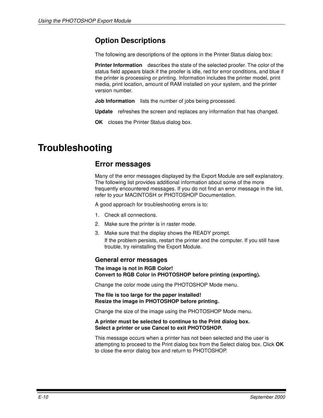 Kodak 20P manual Troubleshooting, Error messages, General error messages 